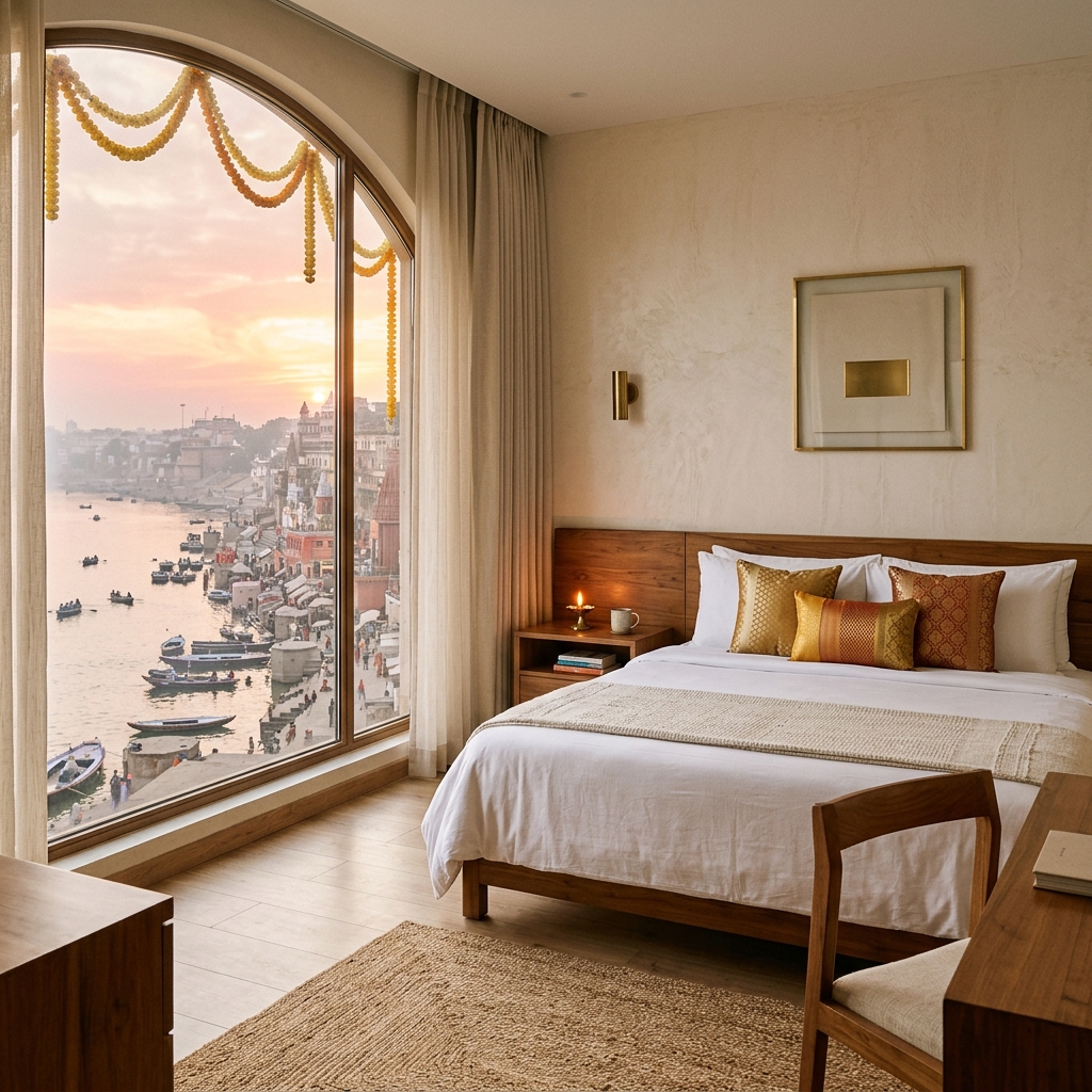 Luxury heritage room overlooking the Ganges at Kashika Stay